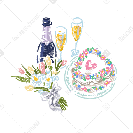 Champán, ramo de flores y tarta de boda. PNG, SVG