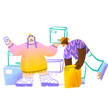 Two small business owners moving boxes PNG, SVG