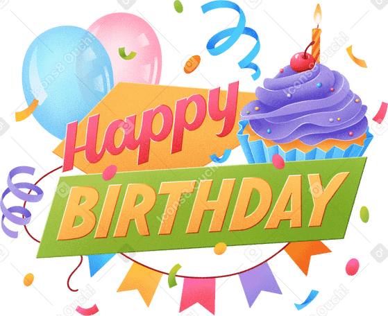 Letras de feliz aniversário com texto de balões, cupcake e confete PNG, SVG