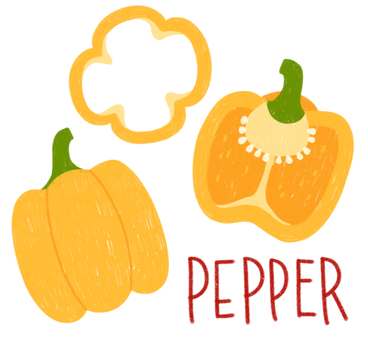 Peperone giallo, mezzo peperone, una fetta di peperone e scritte PNG, SVG