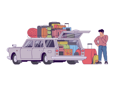 Uomo in piedi accanto a un'auto piena di bagagli PNG, SVG