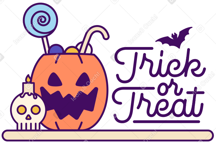 Lettering Trick or Treat with pumpkin head and skull text PNG, SVG