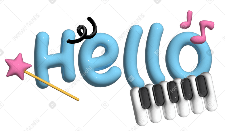 3D text Hello lettering with magic wand and piano keys PNG, SVG