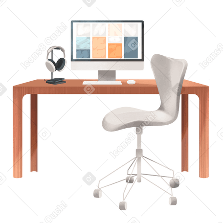 Desktop with monitor and headphones Illustration in PNG, SVG