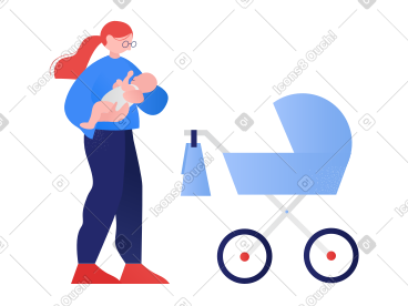 Woman with baby stroller holding a child in her arms PNG, SVG