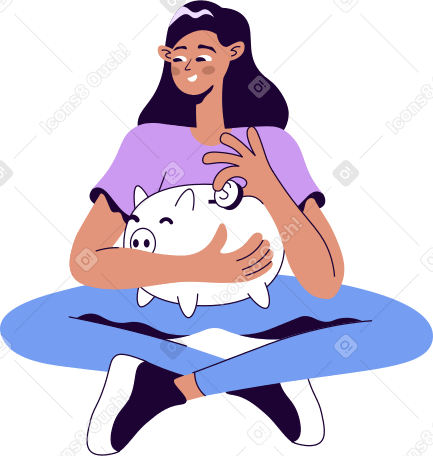 seated woman holding a piggy bank PNG, SVG