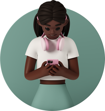 smiling young woman wearing headphones looking at mobile phone PNG, SVG