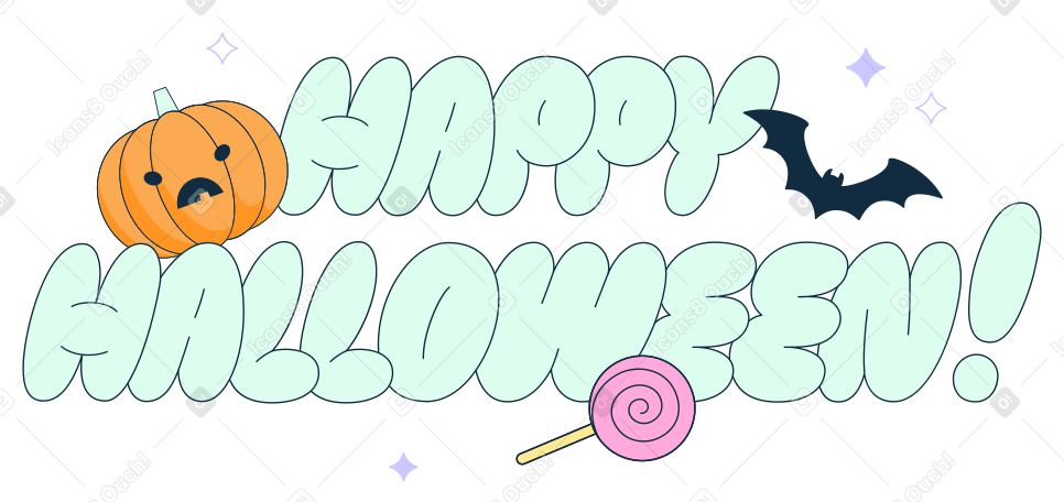 Letras de feliz halloween con calabaza, dulces y murciélago. PNG, SVG