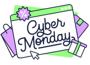 Lettering Cyber Monday with bag and boxes text PNG, SVG