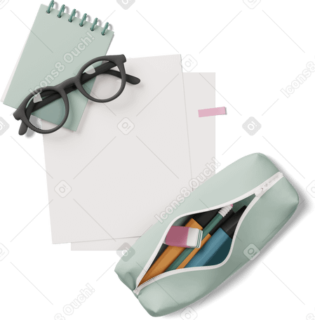 3D pencil case notepad glasses and papers Illustration in PNG, SVG