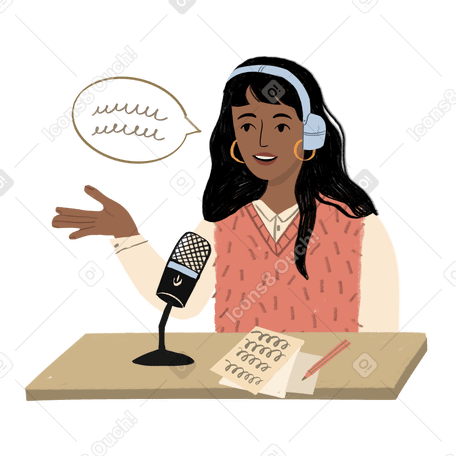 Woman doing podcast on mic PNG, SVG