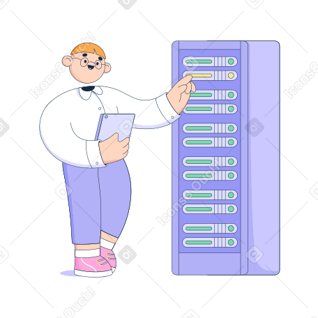 Homem com um tablet verifica a operação do servidor PNG, SVG