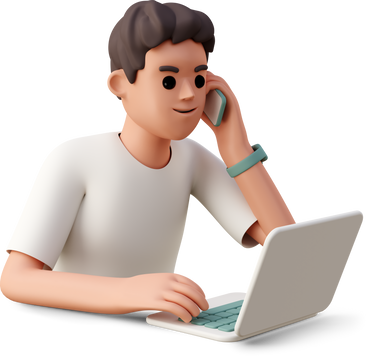man using laptop and talking on the phone PNG, SVG