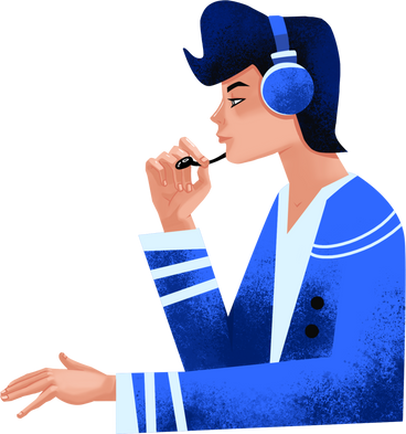 man in a blue jacket speaks into a microphone over headphones PNG, SVG