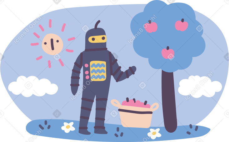 Robot picking apples in the garden PNG, SVG