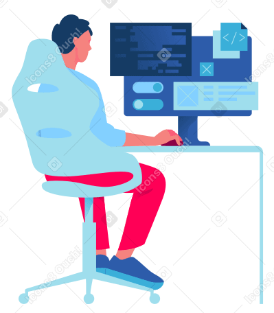 Man programmer writing code and making web design on a PC Illustration in PNG, SVG
