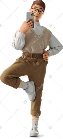 3D man taking a selfie while standing on one leg PNG, SVG