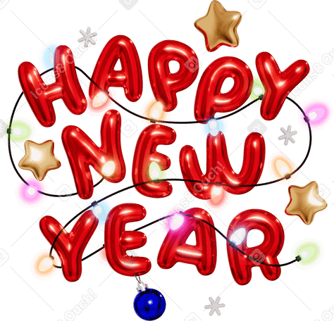 lettering 3d happy new year with stars and holiday lights PNG, SVG