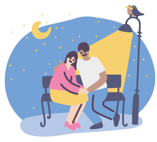 Man and a woman in love embracing on a bench under a street lamp in the evening Illustration in PNG, SVG