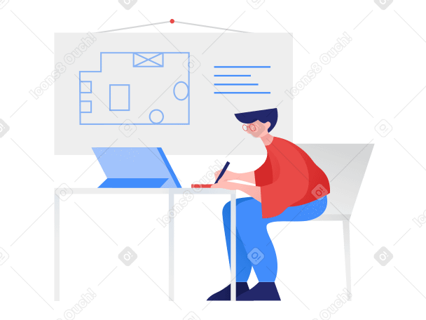 Designer draws a drawing of the apartment on a graphics tablet PNG, SVG