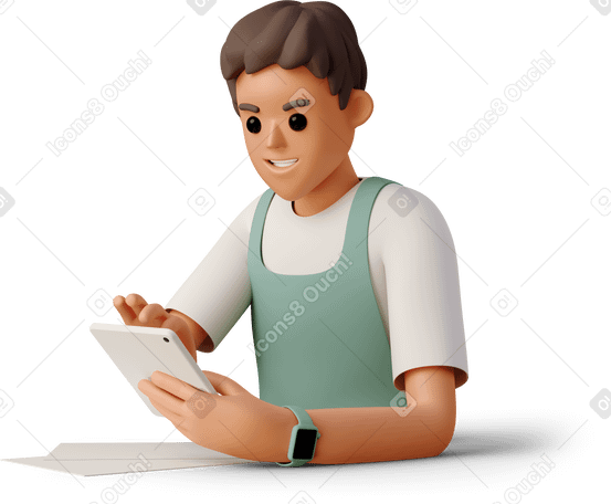 3D boy in the apron looking at tablet Illustration in PNG, SVG