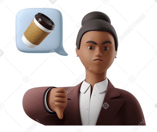 3D Businesswoman showing thumb down to a tasteless coffee Illustration in PNG, SVG