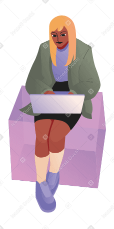 Young woman with blonde hair sitting with laptop PNG, SVG