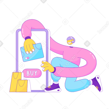 Girl with a bank card makes an online purchase on her cell phone Illustration in PNG, SVG