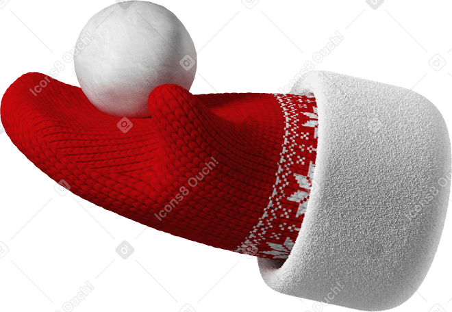 3D Hand in red Christmas mitten holding a snowball PNG, SVG