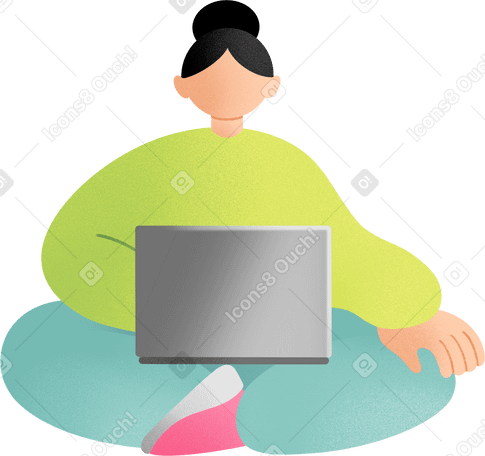 young woman sitting and working on laptop PNG, SVG