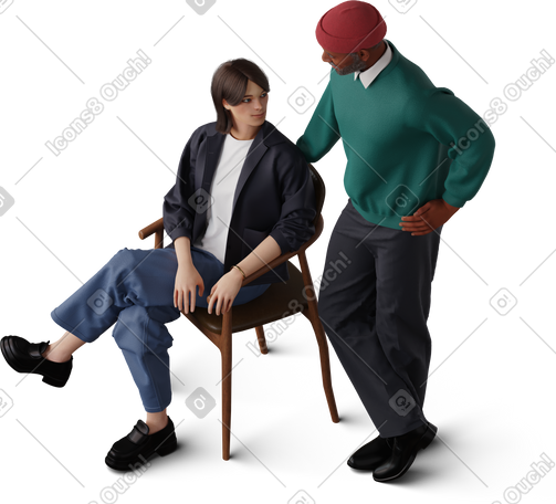 3D isometric view of man leaning on chair and talking to young woman PNG, SVG