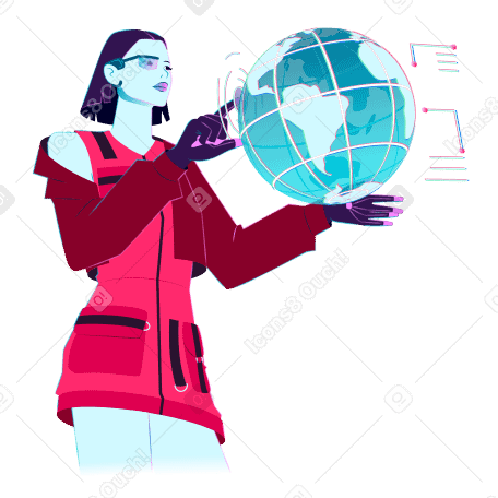 Jeune femme interagissant avec un globe virtuel PNG, SVG