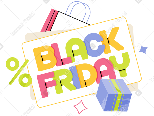 Lettering Black Friday on note with bag and box text PNG, SVG