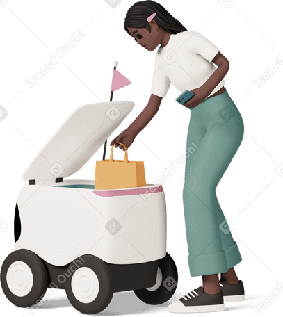 3D black girl with delivery robot PNG, SVG