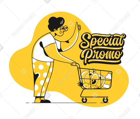 Lettering special promo con una donna e un carrello PNG, SVG
