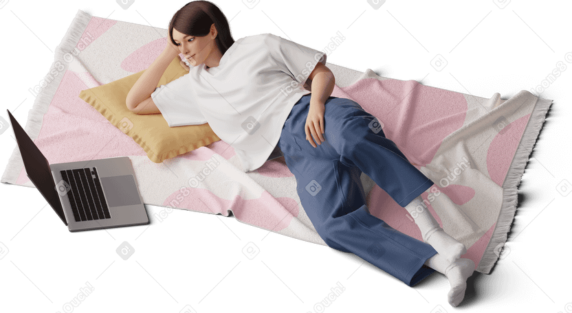 3D young woman lying on the carpet watching laptop в PNG, SVG