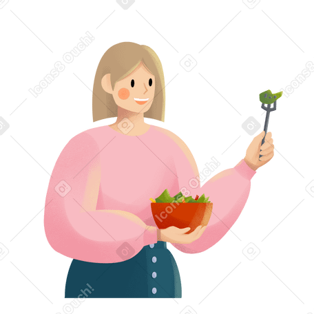 Young woman in pink sweater eating salad PNG, SVG