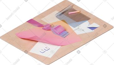 Isometric view of desk with papers and ribbon PNG, SVG