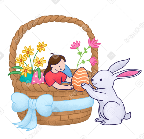 Девочка и кролик собирают пасхальные яйца в корзину в PNG, SVG