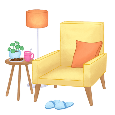 Acogedor sillón, mesa de centro y lámpara de pie. PNG, SVG