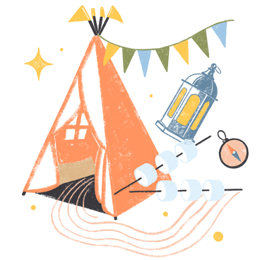 Children's camping tent with lantern and marshmallows PNG, SVG