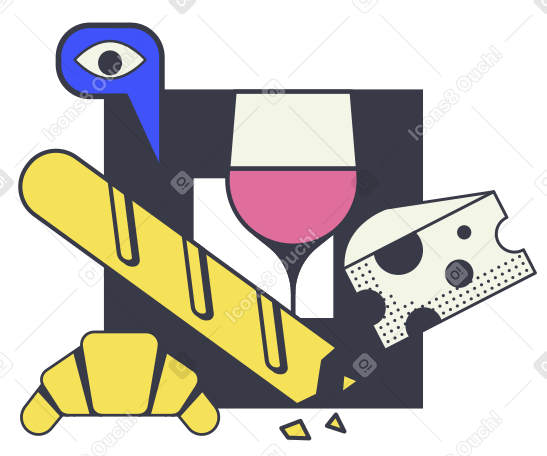 French cuisine. A glass of wine, a baguette, a croissant and cheese Illustration in PNG, SVG