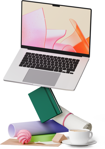 Vista frontal de la computadora portátil, el cuaderno, la taza y las formas abstractas PNG, SVG