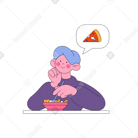 Guy eats a salad and dreams of pizza Illustration in PNG, SVG