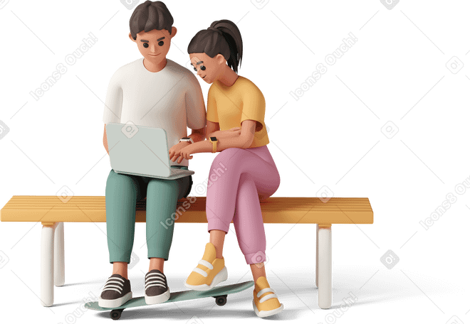 3D young man and woman sitting on bench and looking at laptop with legs on skateboard PNG, SVG