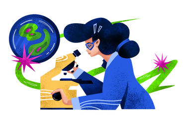 Woman scientist with microscope studying molecules PNG, SVG