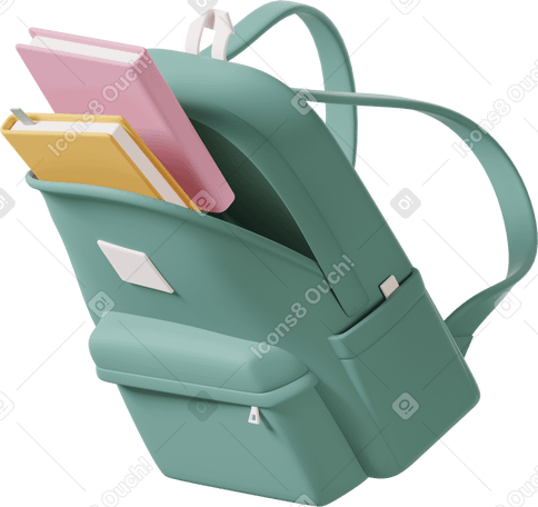3D green backpack with books Illustration in PNG, SVG