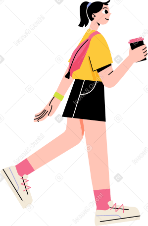 커피 한 잔과 배낭을 등에 메고 걷는 여자 PNG, SVG