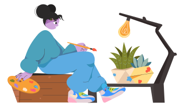 Young woman decorating pots of plants PNG, SVG