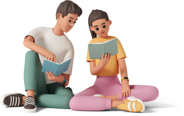 床に座って本を読んでいる若いカップル PNG、SVG